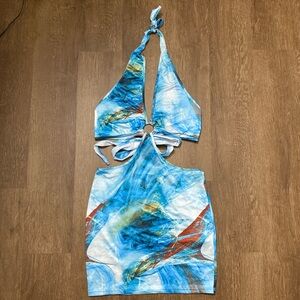 SHEIN M mini dress halter triangular bra attached blue abstract